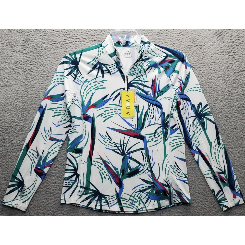 PUMA Activewear Shirt Womens S Multi Leaf Print Golf UPF 50+ Long Sleeve 1/4 Zip